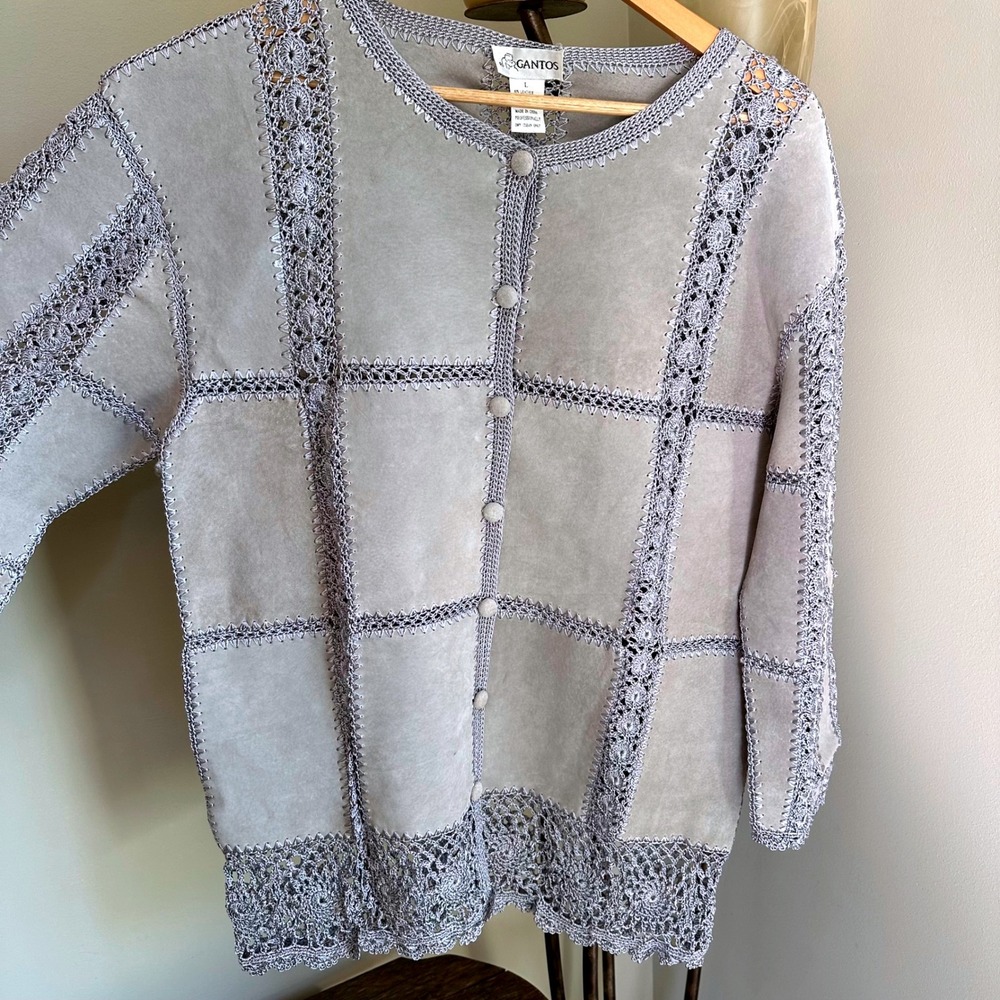Gantos Vintage Leather Cardigan Jacket Crochet Trim Button Front Patchwork Large
